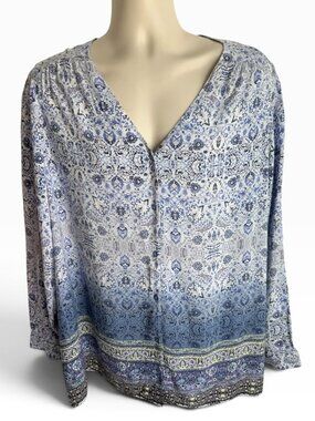 Emma 3X Blue Paisley Print V-Neck Long Sleeve Blouse
